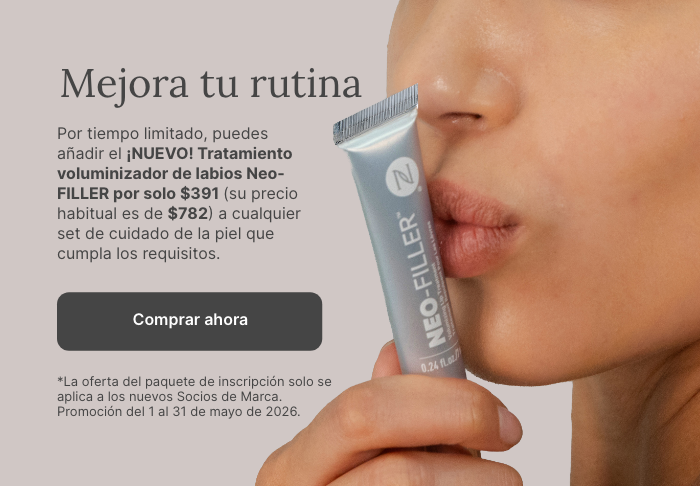 50% OFF Neo-FILLER Volumizing Lip Treatment with any Neo-FILLER or Neo-FILLER Set purchase. Featured is a woman kissing a tube of Neo-FILLER Volumizing Lip Treatment.
